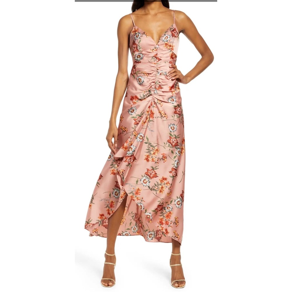 Floret Studios Pink Floral Satin Ruched High Low Maxi Dress Womens Size Medium